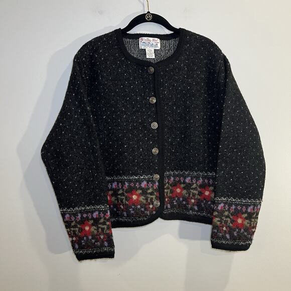 Vintage Tally Ho Creations Blak Floral 100% Wool Cardigan Sweater Size PL - Picture 1 of 5